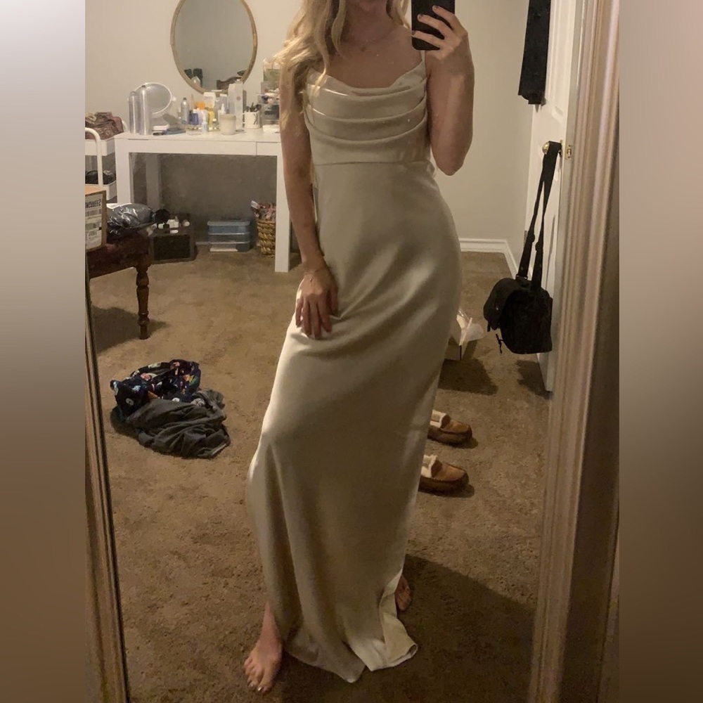 Revelry satin champagne bridesmaid dress